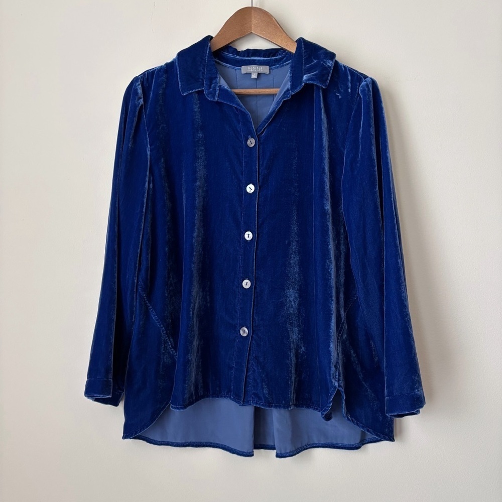 Habitat Blue Velvet Button Front Swing Shirt Small Lagenlook